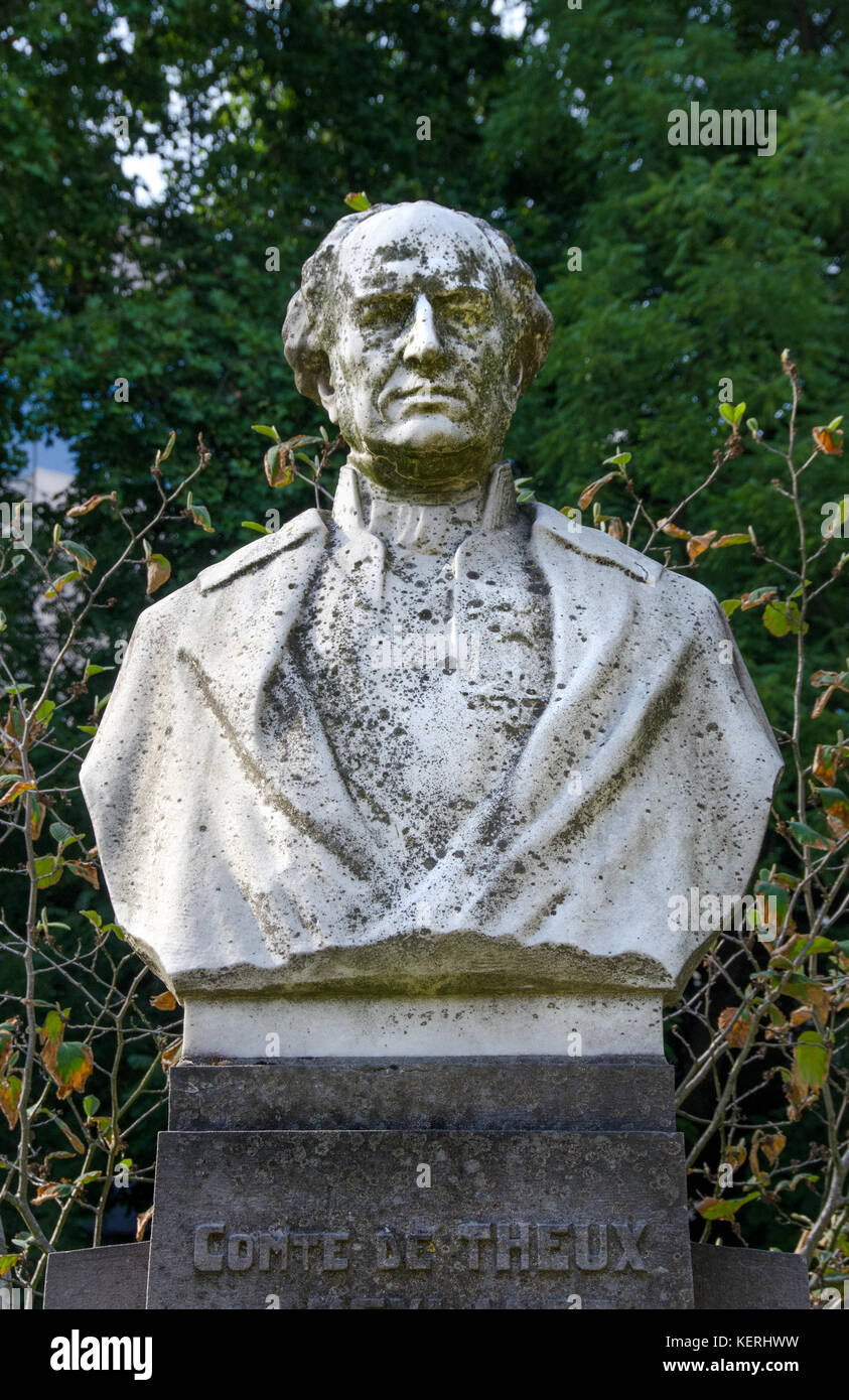 Brüssel, Belgien. Büste von Barthélemy Théodore, Comte de Theux de Meylandt (1794-1874: Dreimaliger belgischer Premierminister) auf dem Platz Meeus Stockfoto