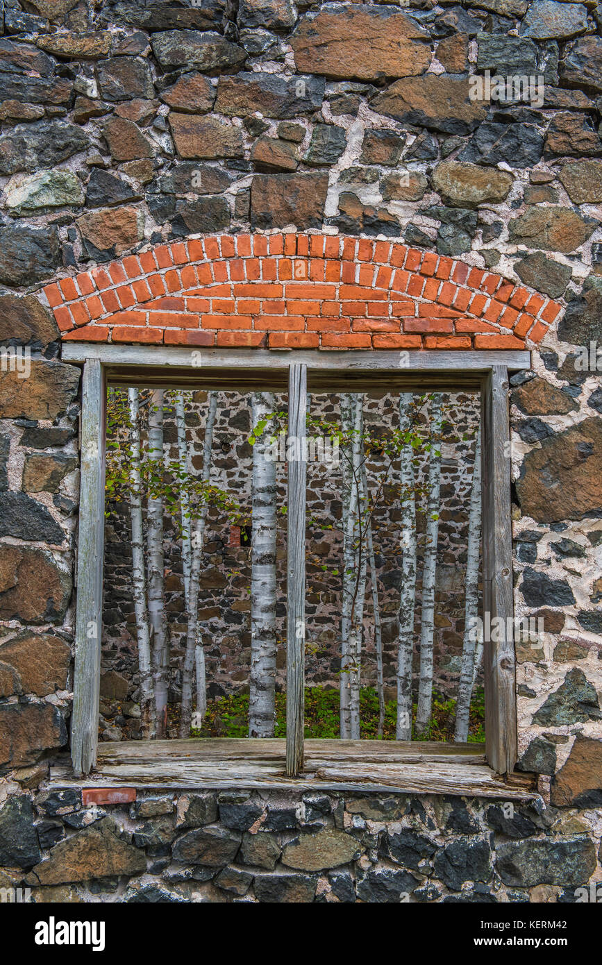 Weiße Birken als durch das Fenster der abgebrochenen Delaware Kupfermine, Michigan USA von Bruce Montgane/Dembinsky Foto Associates gesehen Stockfoto