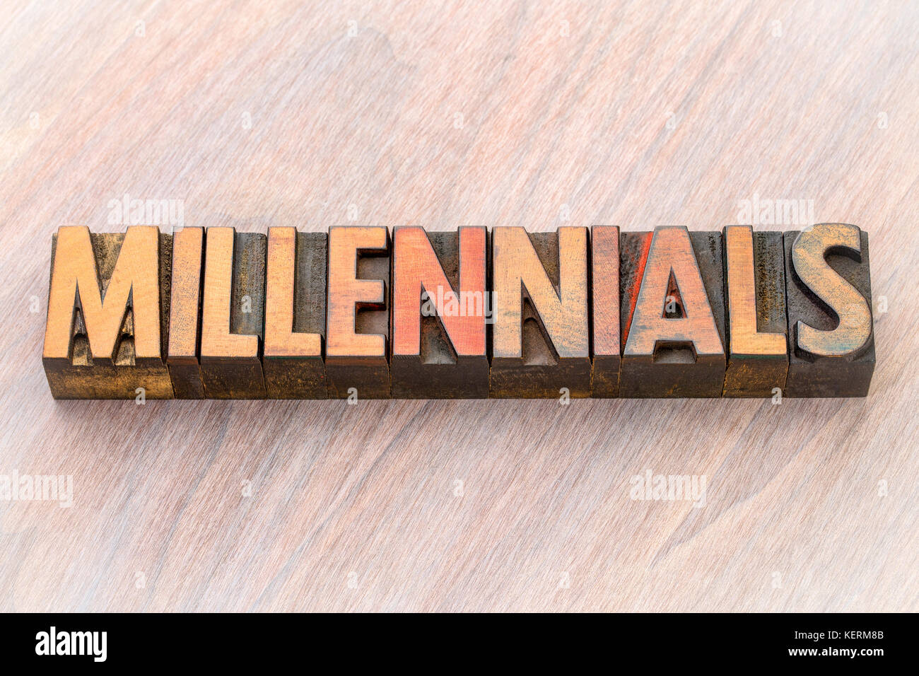 Millennials (millennial Generation) Wort in Vintage buchdruck Holz Art Abstract Stockfoto