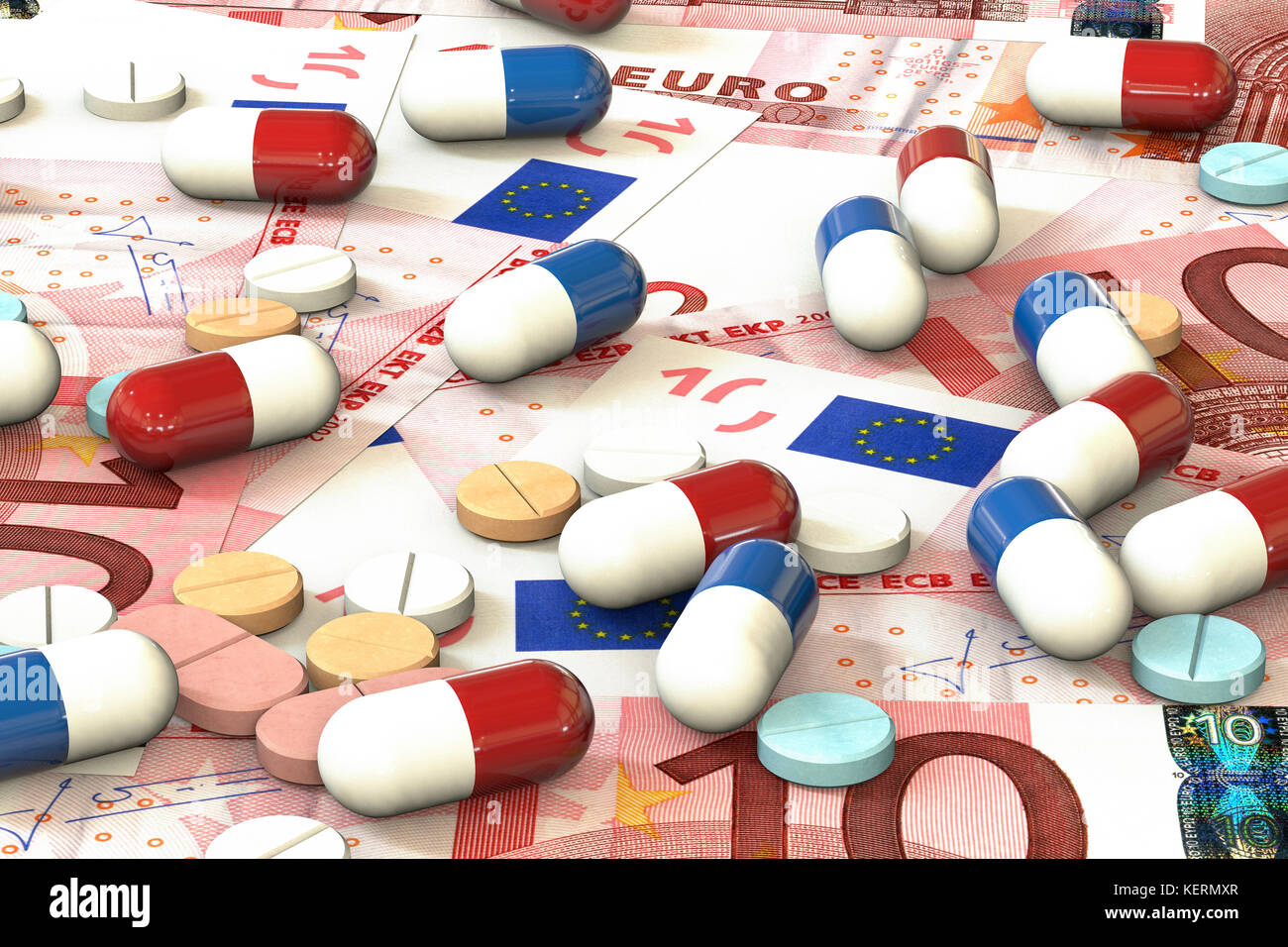 3D-Illustration: Mehrfarbige Tabletten und Pillen auf dem Hintergrund der Euro Geld liegen. Medizinische Konzept. Verkauf von Arzneimitteln. Investitionen Stockfoto