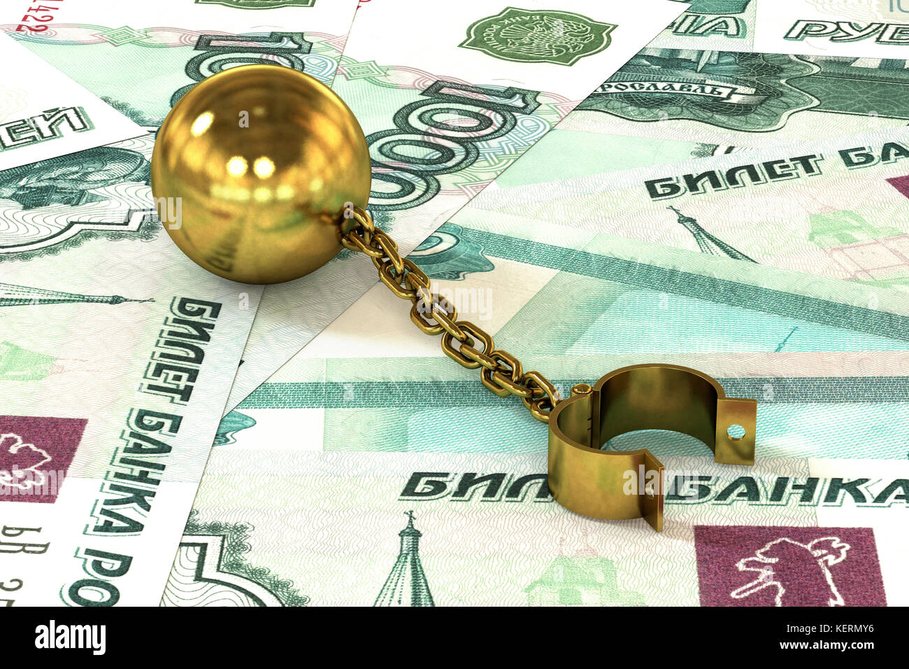 Glänzend goldenen Kugel und Kette verbunden Manschette liegen auf Rubel Banknoten Hintergrund zu öffnen. Das Konzept der Schuld mit einem hohen Zinssatz. Stockfoto