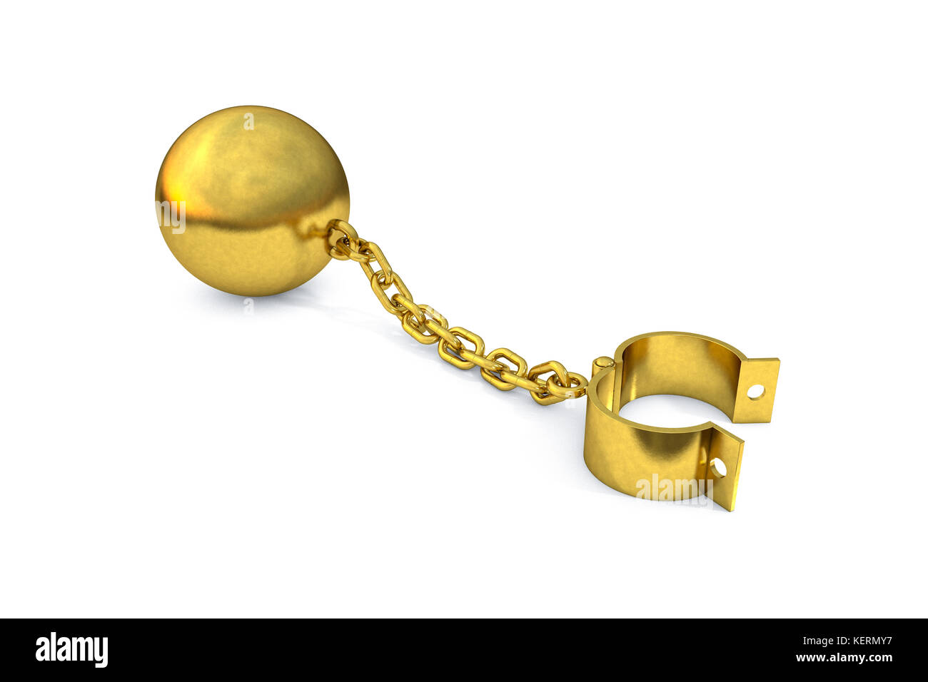 3D-Illustration: Glänzende goldene Kugel und Kette mit einem geöffnete Manschette an den weißen Hintergrund. Einschränkungen und Grenzen. Verlust der Freiheit. Grenzen. Stockfoto