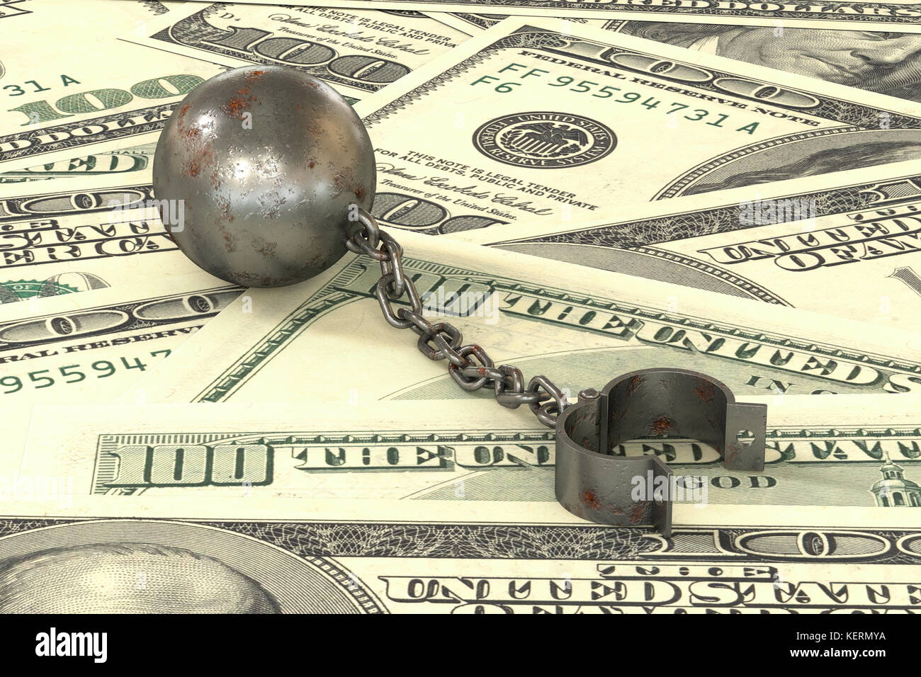 3D-Illustration: rostigem Eisen Kugel und Kette verbunden Manschette liegen auf Dollar Banknoten Hintergrund zu öffnen. Die Geschäftsidee der Schulden Stockfoto