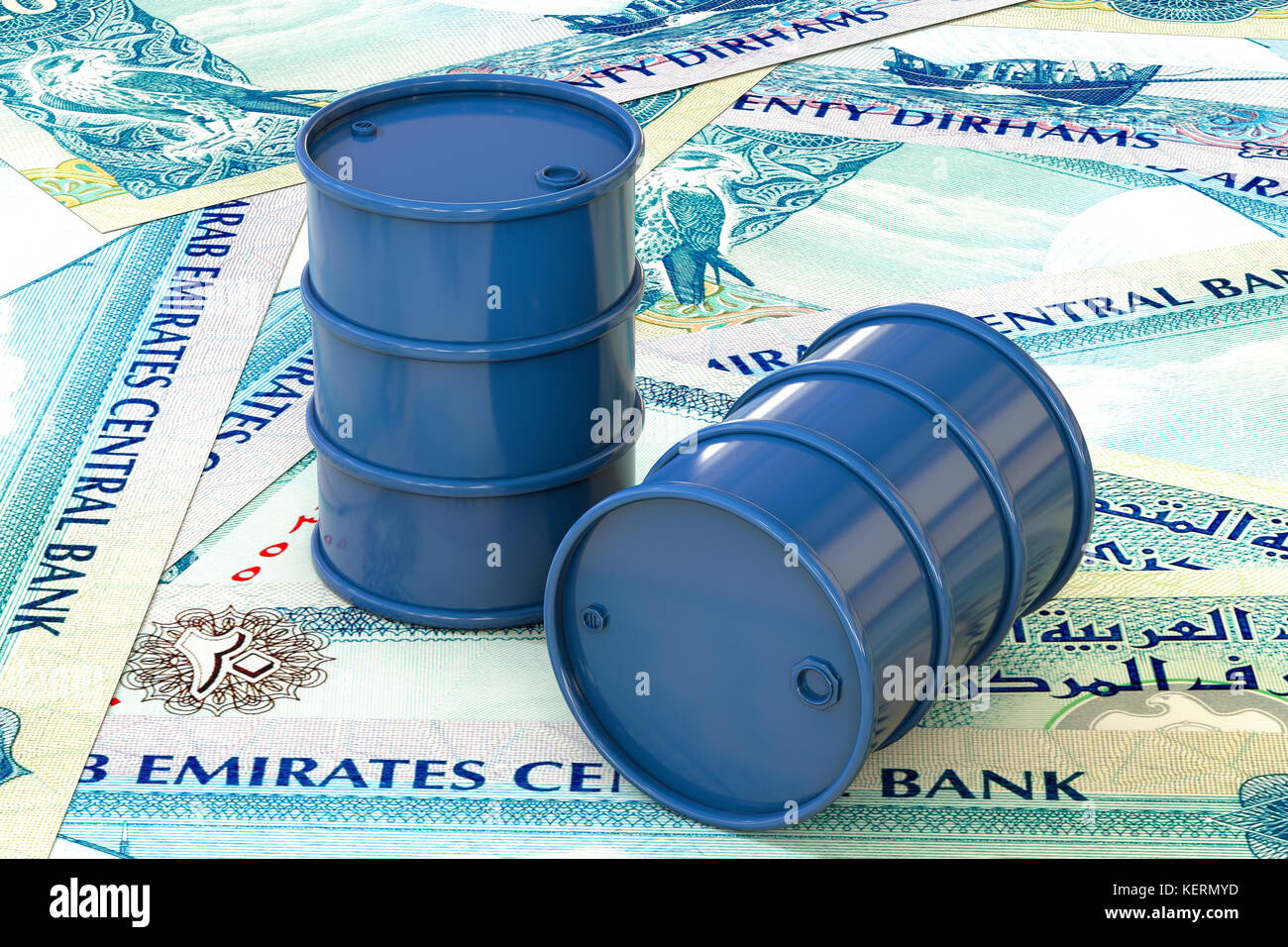 3D-Illustration: Blue Barrel Öl liegen auf dem Hintergrund der Banknote 20 Dirham, Vereinigte Arabische Emirate. Erdöl, schwarzes Gold, Benzin Stockfoto