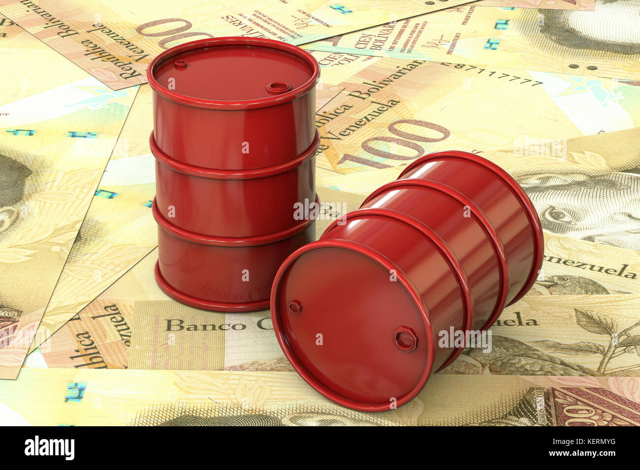 Red Barrel Öl liegen auf dem Hintergrund der Banknote hundert Venezuelanischer Bolivar, Venezuela. Erdöl, schwarzes Gold, Benzin Produktion. Kauf Stockfoto