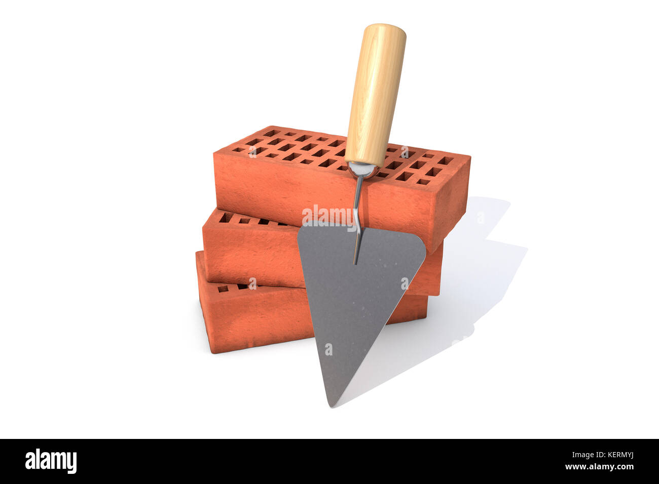 3D-Illustration: Drei rote Kalksandziegeln in einem Haufen mit einem Werkzeug für die Festlegung der Mörser-kelle auf weißem Hintergrund gestapelt. Business Metapher Stockfoto