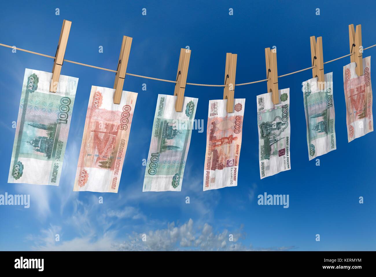 3D-Illustration: zerknüllten Geldschein von Rubeln auf dem Seil Kleidung angeschlossene Pins, Geschäftskonzept, russische Geldwäsche zu trocknen, Offshore Stockfoto