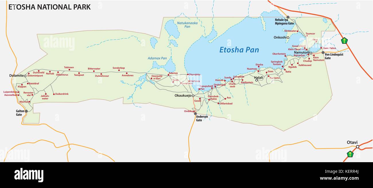Etosha Nationalpark Vektorkarte, Namibia Stock Vektor