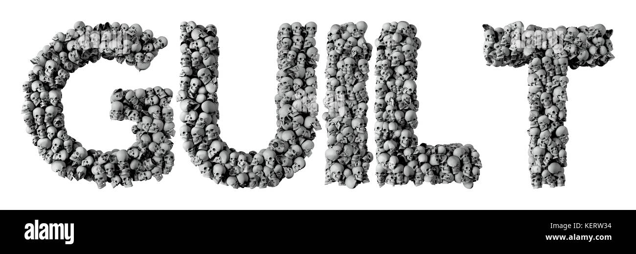 Schuld Wort aus einem Schädel font gemacht. 3D-Rendering Stockfoto