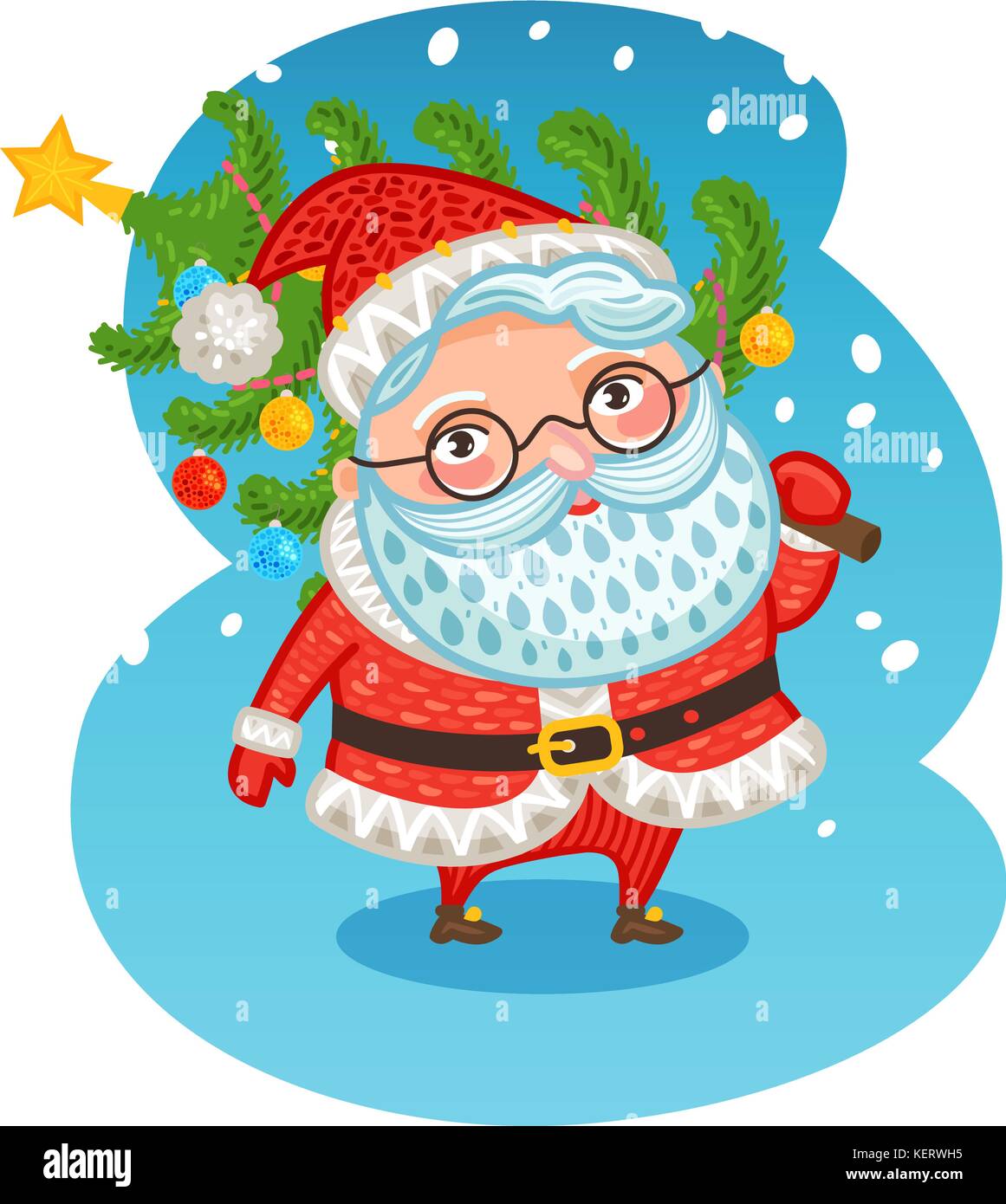 Der glückliche Weihnachtsmann trägt einen Weihnachtsbaum. Weihnachtsvektor-Illustration Stock Vektor