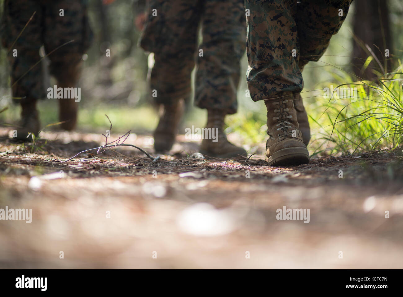 Marines zu Fuß über eine Spur. Stockfoto