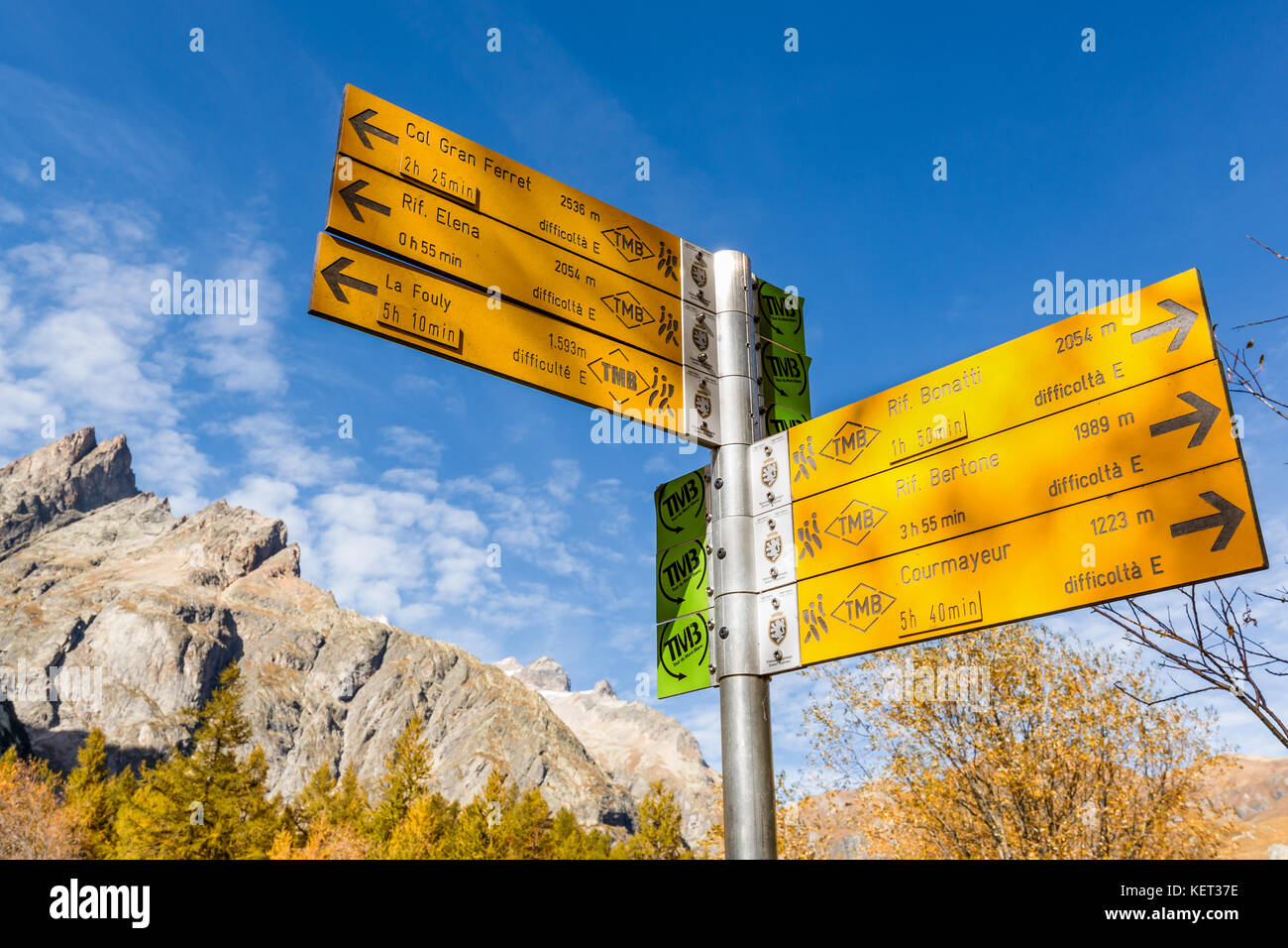 Wanderweg Schilder post im Val Ferret, Aostatal, Italien Stockfoto