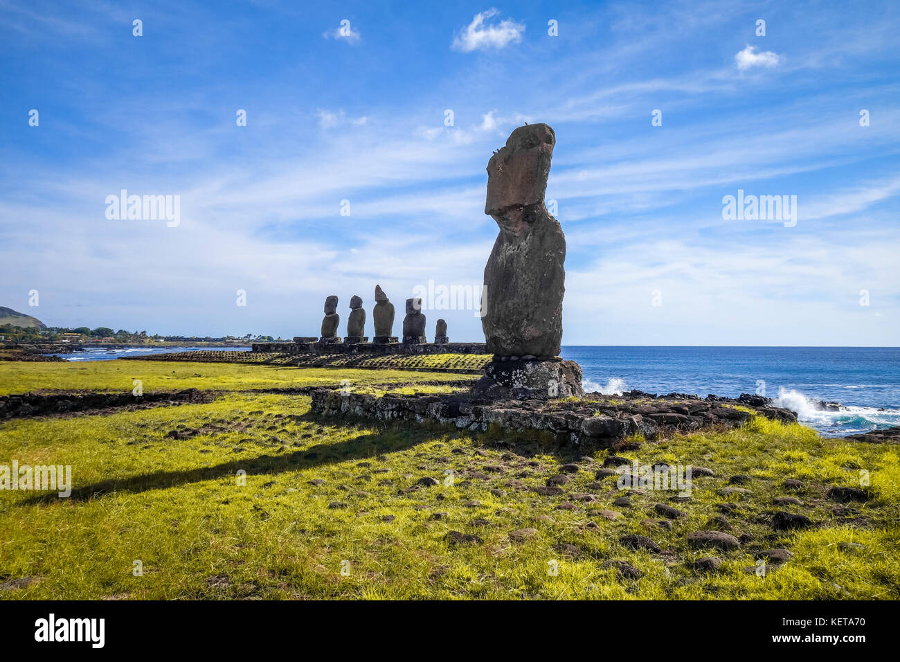 Moais Statuen, Ahu Tahai, Osterinsel, Chile Stockfoto