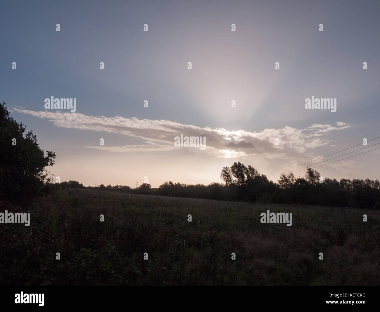 Schönen Morgen aufgehenden Sonne über auf dem Feld mit Bäumen durch Cloud Streifen, Essex, England, Großbritannien Stockfoto