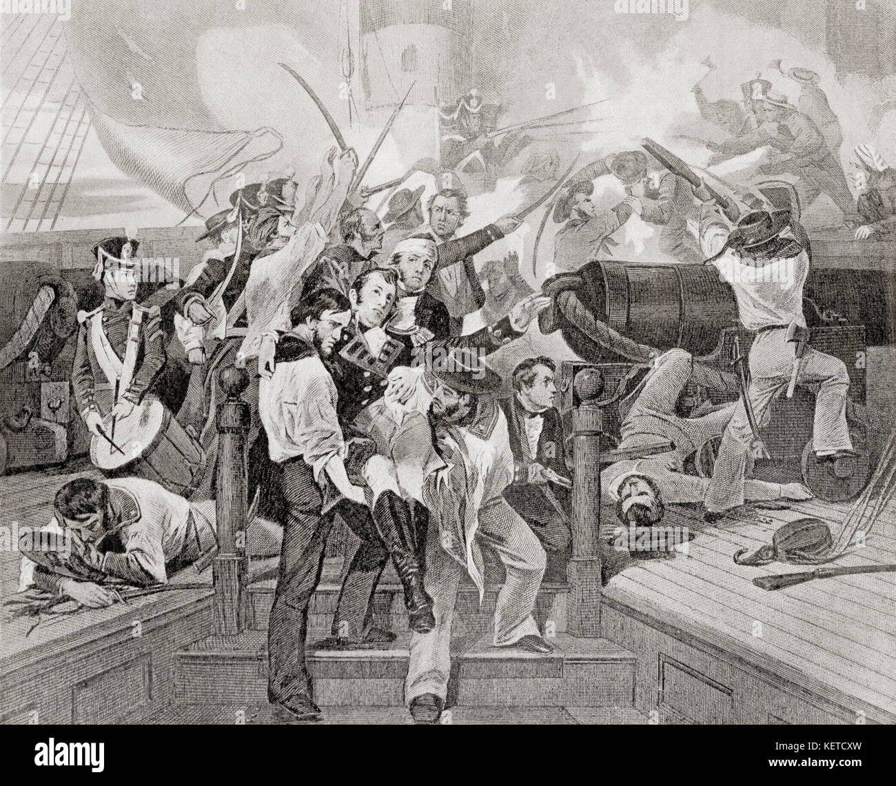 Der Tod von James Lawrence an Bord der USS Chesapeake nach einer Einschiffaktion gegen HMS Shannon während des Krieges von 1812. James Lawrence, 1781 – 1813. Amerikanischer Marineoffizier. Aus Hutchinson's History of the Nations, veröffentlicht 1915. Stockfoto