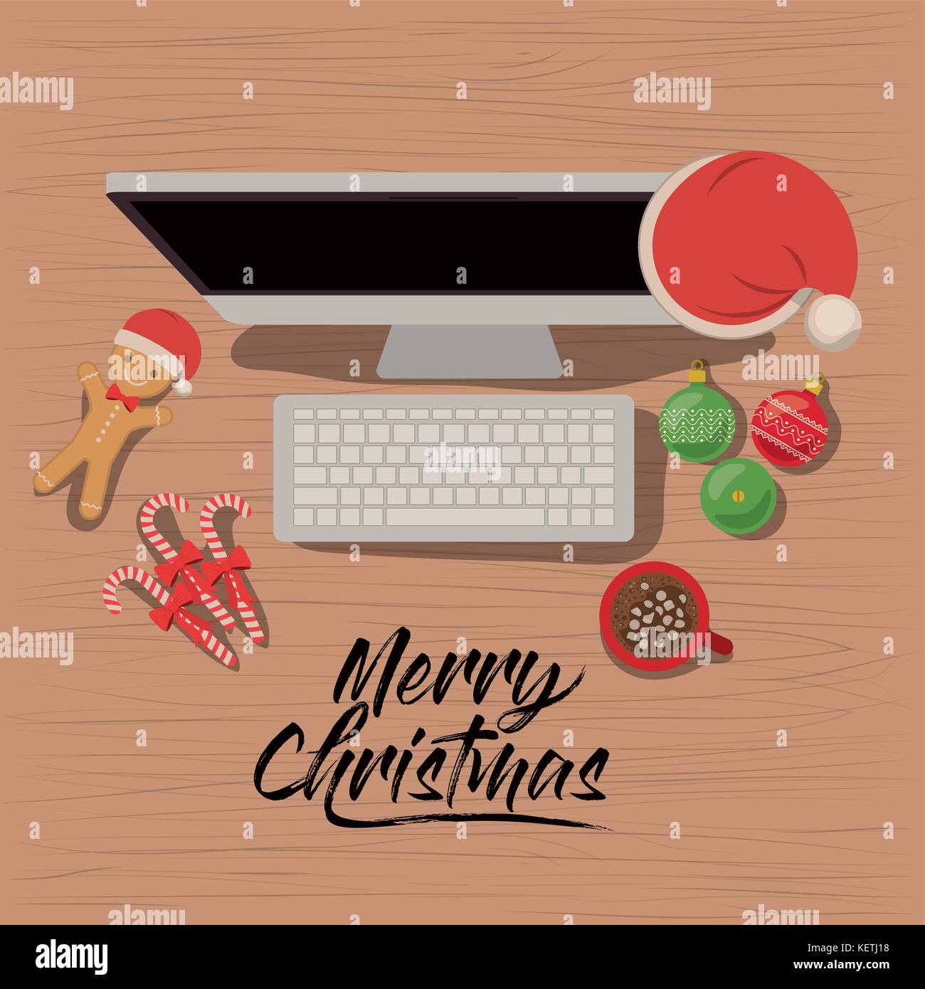 Frohe Weihnachten Poster Mit Desktop Computer Szene In Der Ansicht Von Oben Mit Weihnachten Dekoration Und Sussigkeiten Und Kekse Und Schokolade Schale Stock Vektorgrafik Alamy