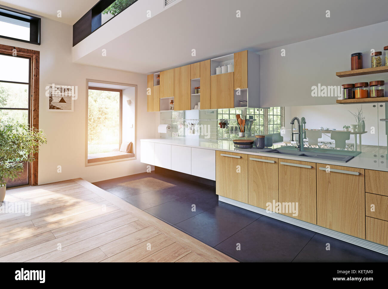 Moderne Küche Interieur. 3D-rendering Konzept Stockfoto