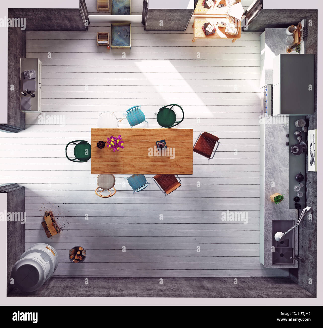 Ansicht von oben in die moderne Küche. 3d Konzept rendeing Stockfoto