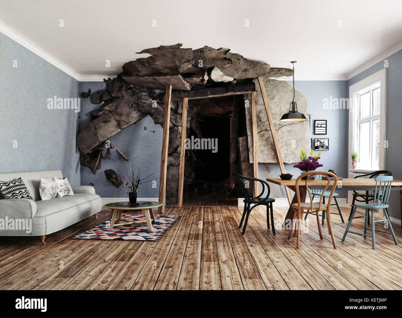 Der Eingang zur Mine zerstört. 3D Rendering illustration Konzept Stockfoto