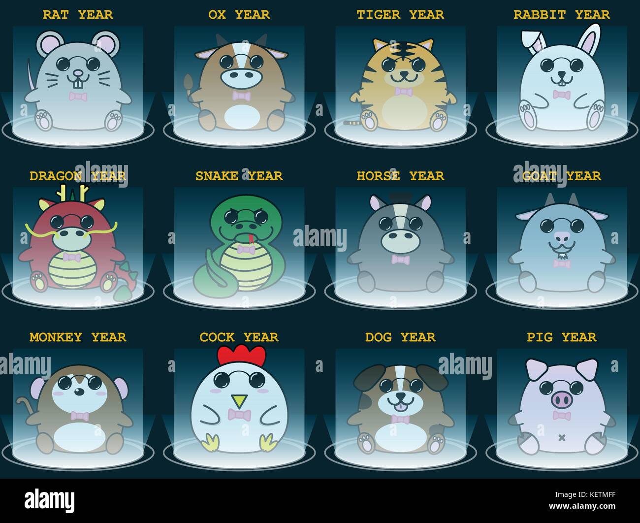 Cute Fettsäuren cartoon tragen Sie eine Sonnenbrille mit sportlight für Chinesisches Tierzeichen Horoskop Tier Zeichen gesetzt Stock Vektor