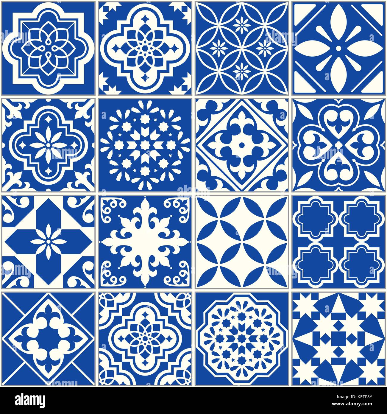 Spanisch oder Portugiesisch vektor Fliese Muster, Lissabon floral Mosaik, mediterranen Nahtlose navy blue Ornament Stock Vektor