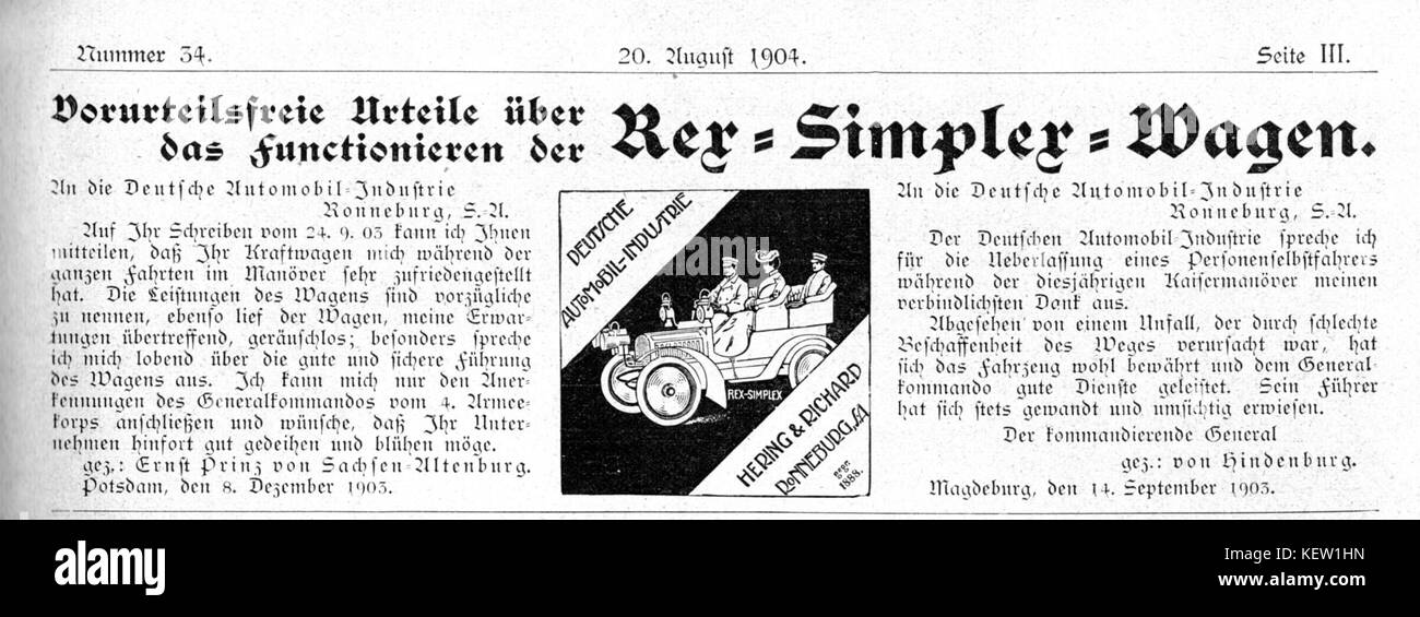 Sterben Sie 1904-08-20 Woche S. III Rex Simplex Stockfoto