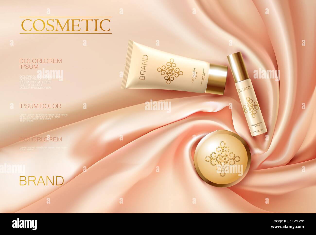 Soft 3d realistische Kosmetische ad. Seide glühenden Stoff light rose beige Goldene Paket Compact Powder. Werbemittel Banner template Design Vector Illustration. Stock Vektor