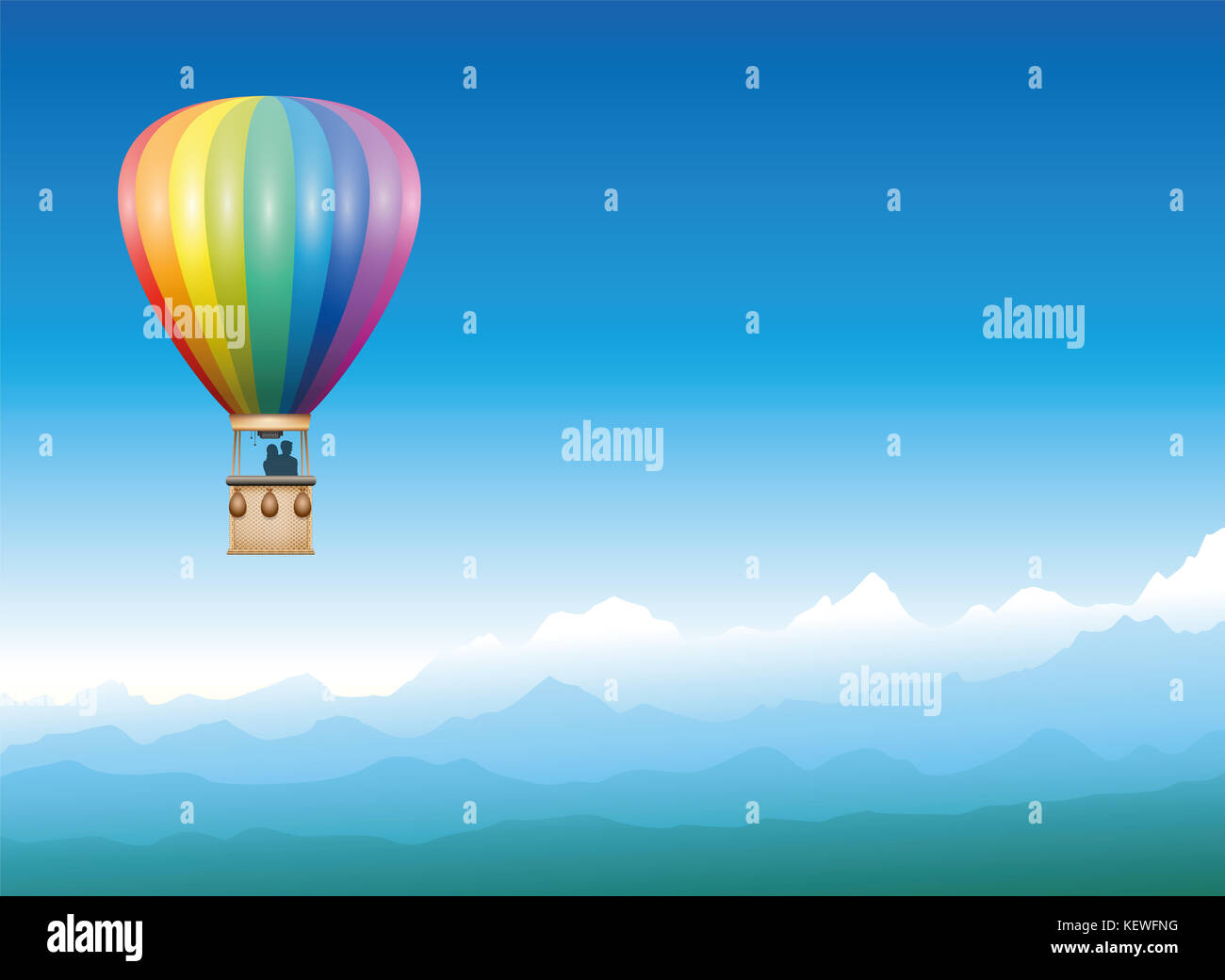 Fesselballon friedlich durch eine misty Blue Mountain Landschaft driften - Rainbow farbige flying Fahrzeug mit zwei Menschen ihre Freiheit genießen. Stockfoto