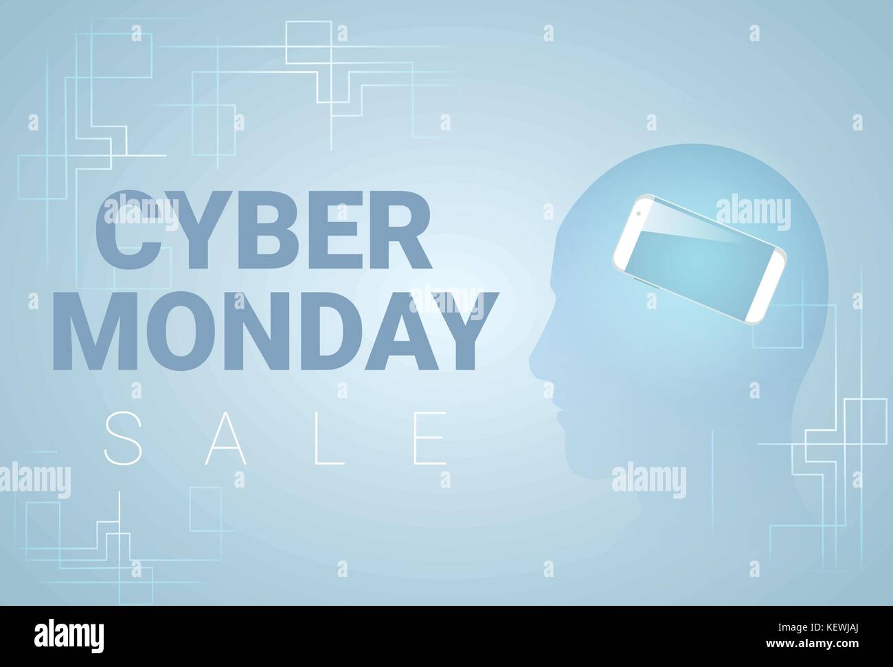 Cyber Monday Banner mit Silhouette Kopf und auf Hintergrund Urlaub verkauf Plakatgestaltung smartphone Stock Vektor