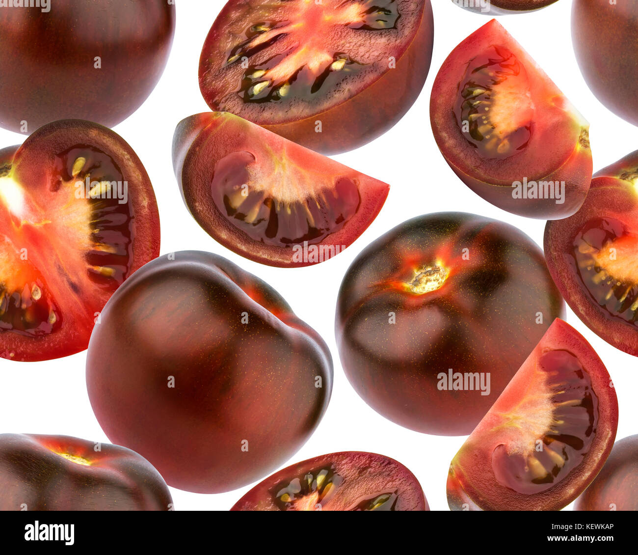 Schwarze Tomaten nahtlose Muster. schwarze Tomaten auf weißem Hintergrund Stockfoto