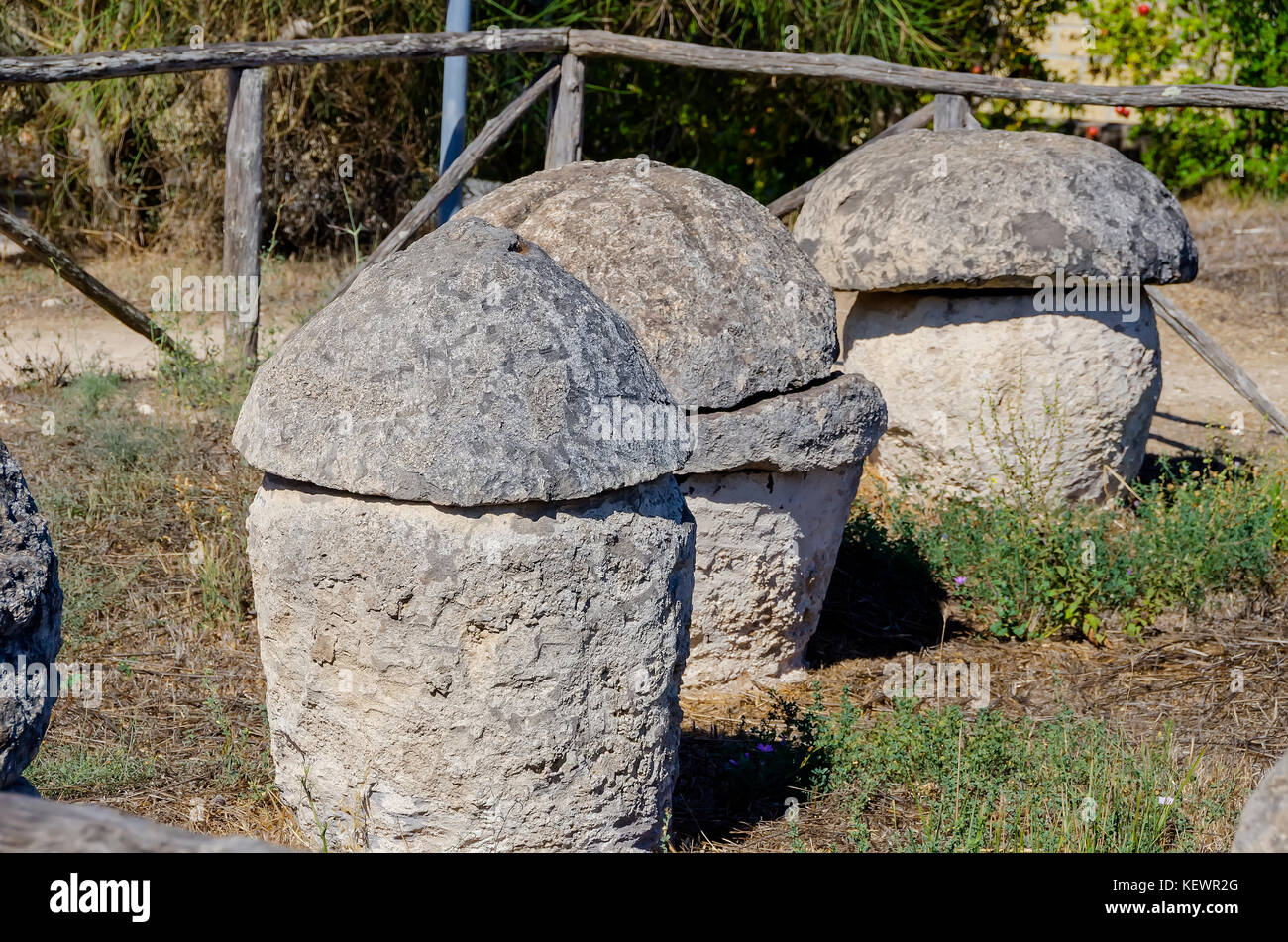 Runde steinerne Gräber für die einäscherung Bestattungen in Tarquinia Nekropole, Tarquinia, Viterbo, Latium, Italien. Stockfoto