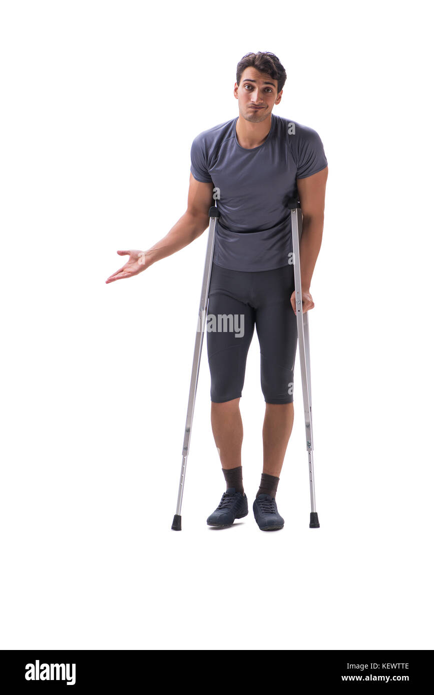 Junge Patientin Sportler Sportler leiden eine Verletzung Trauma mit Krücken isoliert auf weißem Stockfoto