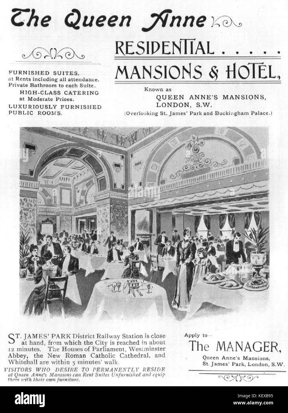 Die Werbung für das QAM Hotel aus dem Jahr 1901 hebt die Unterkunft und den Service hervor, die im frühen 20. Jahrhundert angeboten wurden. Es spiegelt die historische Entwicklung des Hospitality-Marketings wider und zeigt den Stil der Werbekampagne der Ära. Stockfoto