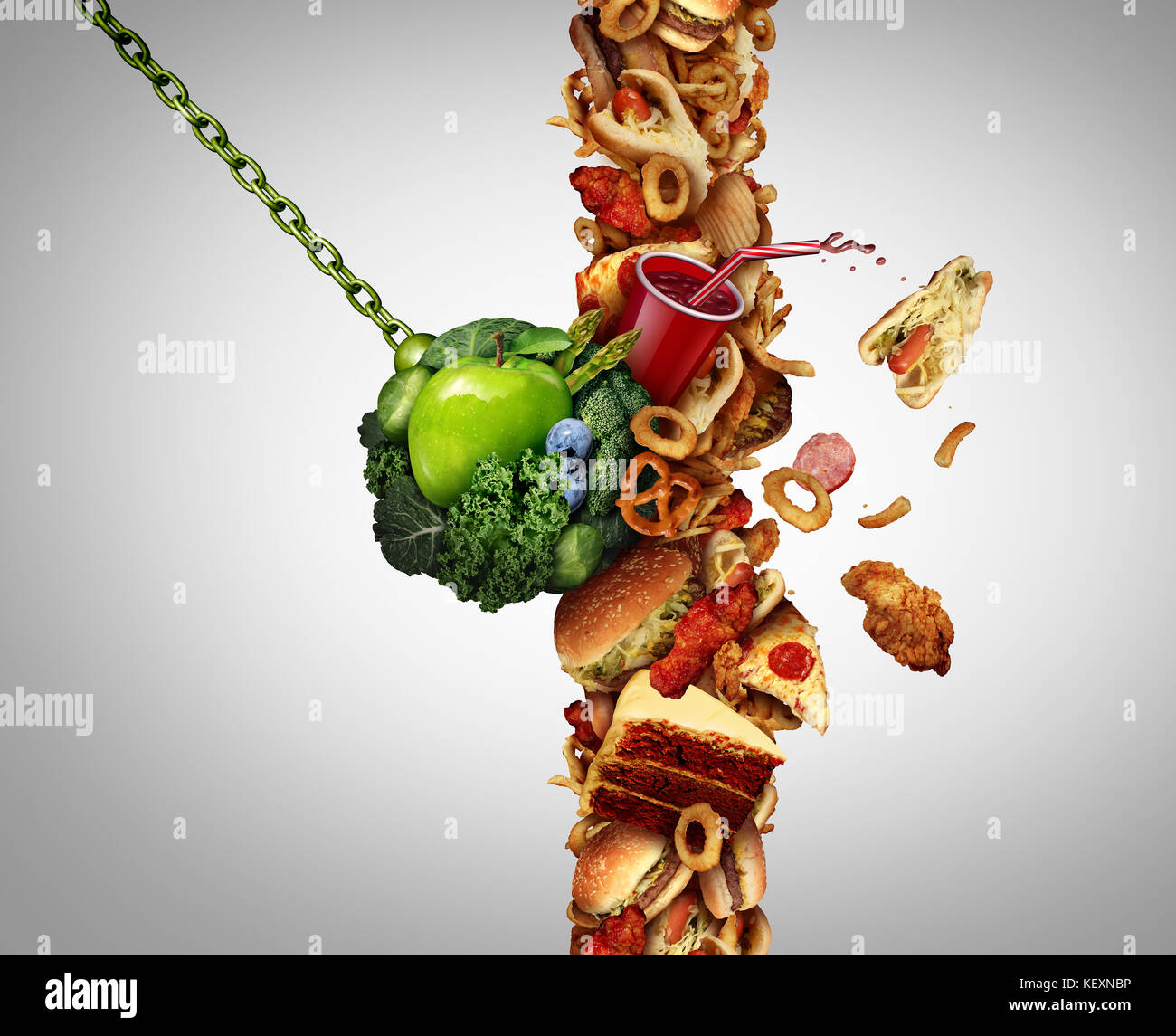 Ernährung detox Konzept Diät durchbricht als Brechen der Gewohnheit Symbol mit awrecking Ball Zerschlagung einer Wand von Junk Food oder Fastfood. Stockfoto