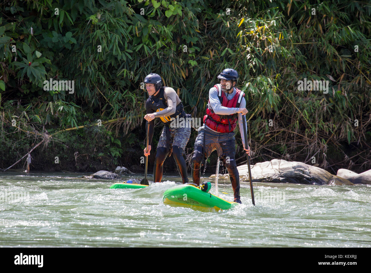 Foto von zwei Männern, die das Navigieren auf Stand-up Paddleboards, peruanischen Amazonas, Manu Nationalpark, Peru Stockfoto
