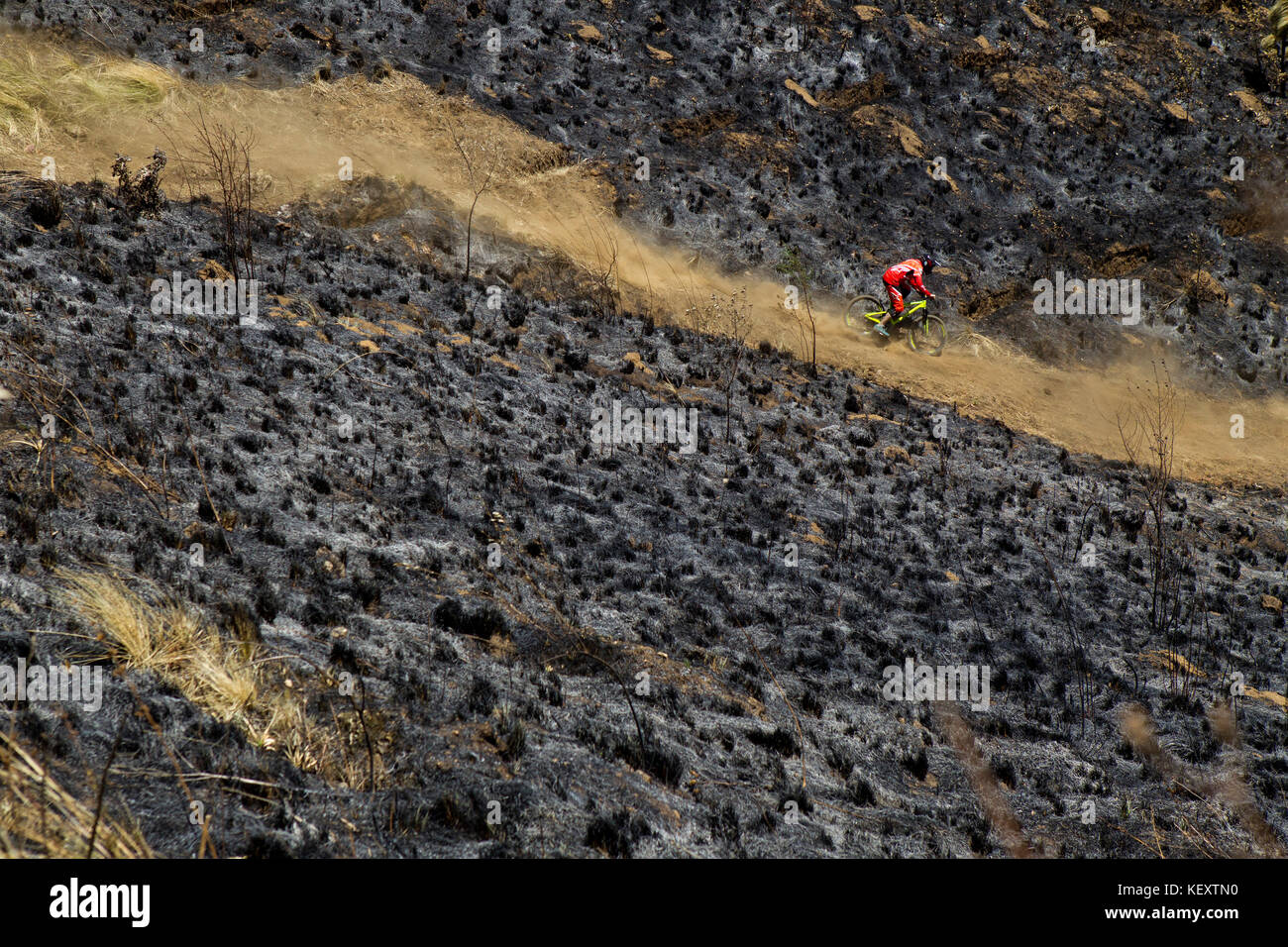 Seitenansicht des Bikers über staubige Downhill Track, Tenango, Bundesstaat Mexiko, Mexiko Stockfoto