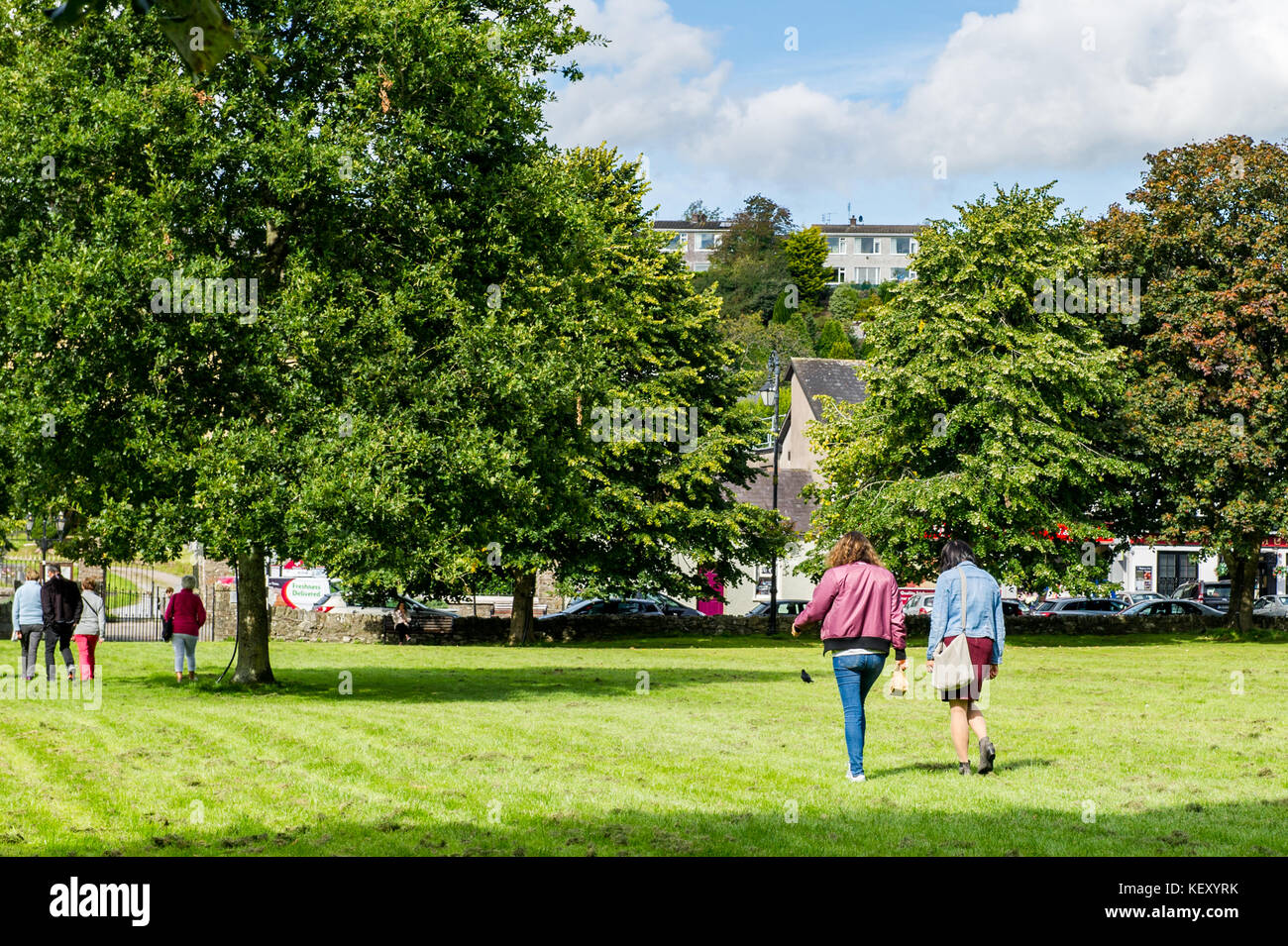 Blarney Castle Square an einem sonnigen Tag mit Menschen zu Fuß, Gras, Bäume und Kopieren. Blarney, County Cork, Irland. Stockfoto