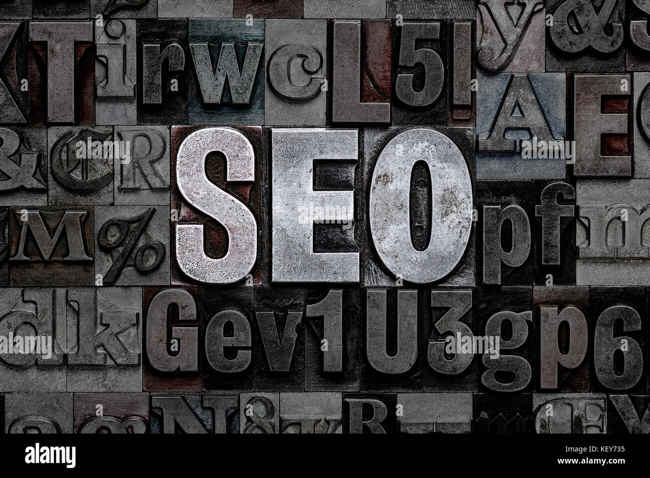 Die Buchstaben seo aus alten Metall Buchdruck - Search Engine Optimization Stockfoto