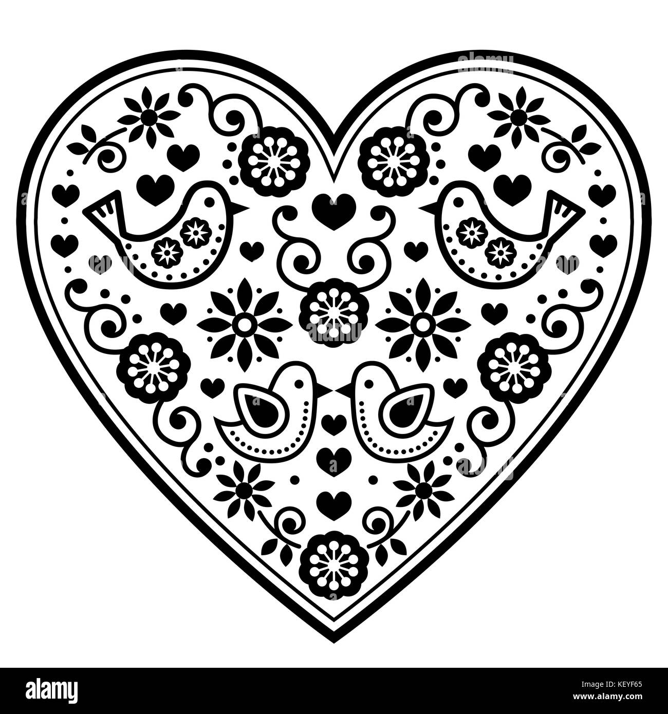 Scandinavian folk Herzen Vector schwarz Muster mit Blumen und Vögel - zum Valentinstag, Hochzeit, Geburtstag Grußkarte Stock Vektor
