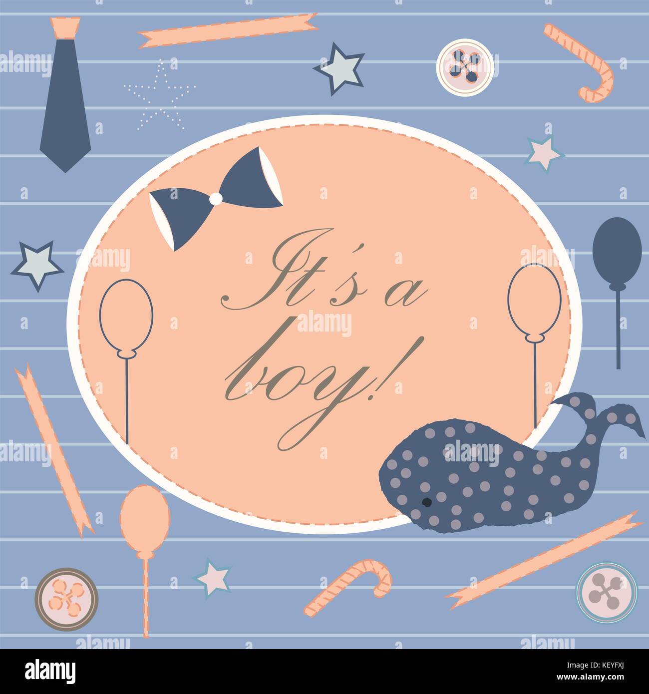 Baby Geburt Ansage. babyduscheeinladung Karte. cute Wal kündigt die Ankunft des Jungen. card Design auf Teal Hintergrund mit Bändern, Riegel, b Stock Vektor