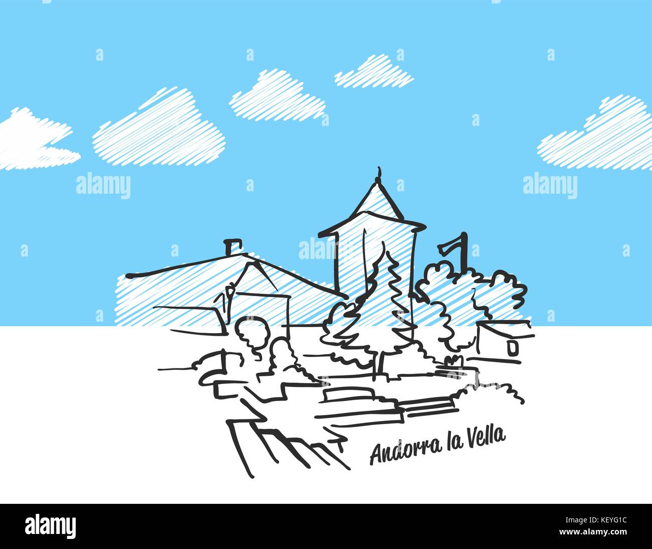 Andorra la Vella berühmte Skyline Skizze. Lineart Zeichnung von Hand. Grußkarte Symbol mit Titel. Vector Illustration Stock Vektor