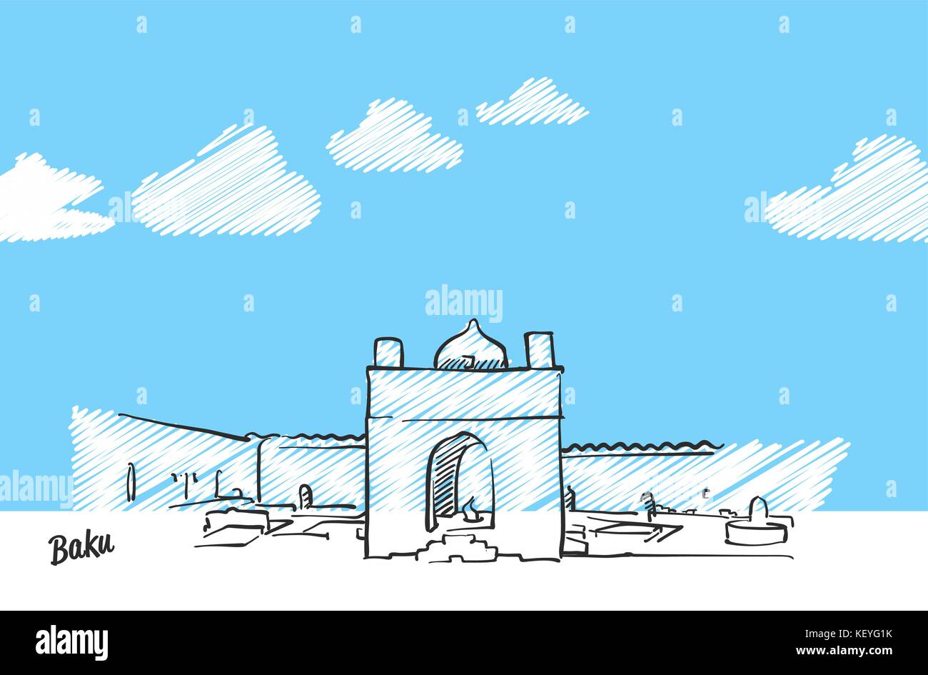 Baku, Aserbaidschan berühmte Skyline Skizze. Lineart Zeichnung von Hand. Grußkarte Symbol mit Titel, Vektor, Abbildung Stock Vektor