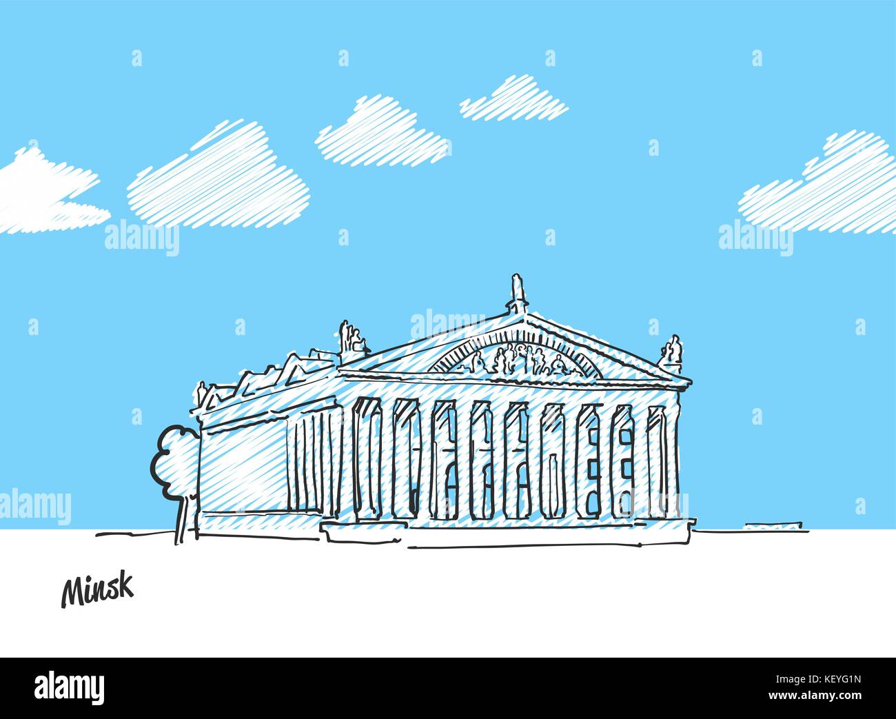 Minsk, Weißrussland Wahrzeichen Skizze. Lineart Zeichnung von Hand. Grußkarte Symbol mit Titel, Vektor, Abbildung Stock Vektor
