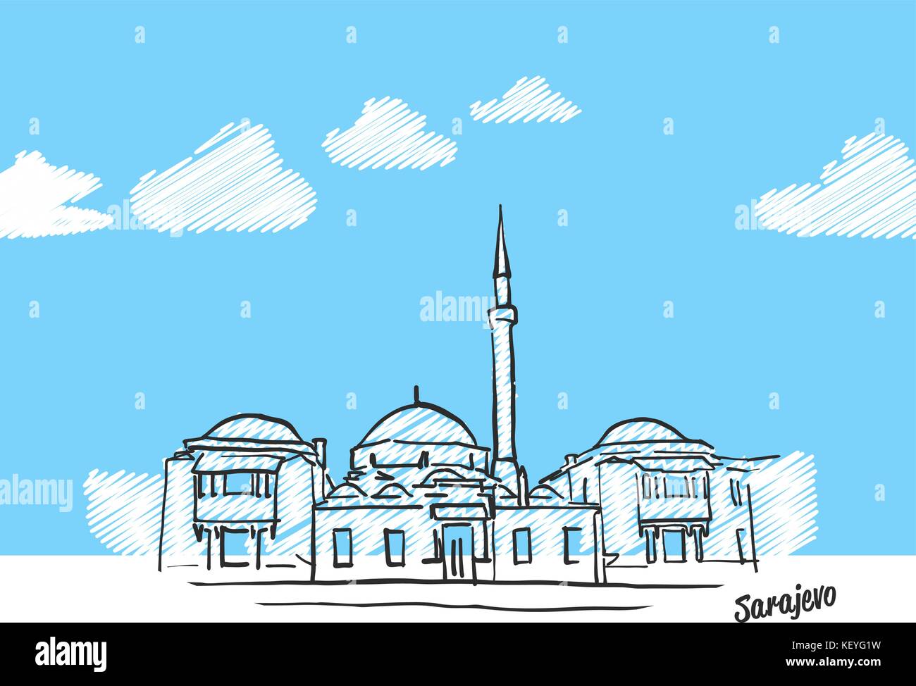 Sarajevo Wahrzeichen Skizze. Lineart Zeichnung von Hand. Grußkarte Symbol mit Titel, Vektor, Abbildung Stock Vektor