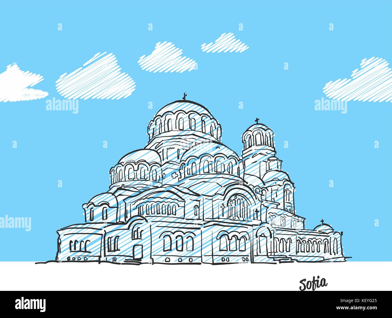 Sofia, Bulgarien Wahrzeichen Skizze. Lineart Zeichnung von Hand. Grußkarte Symbol mit Titel, Vektor, Abbildung Stock Vektor