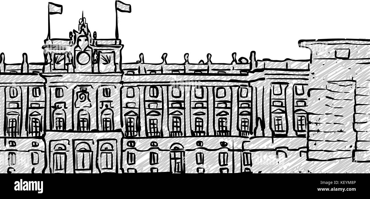 Madrid, Spanien berühmten Reisen Skizze. Lineart Zeichnung von Hand. Grußkarte Design, Vektor, Abbildung Stock Vektor