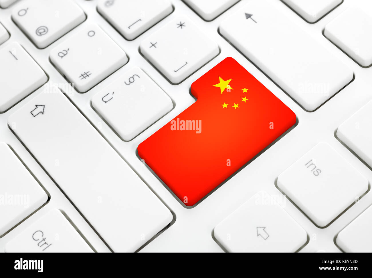 Chinesische Sprache oder China Web-Konzept. Taste zur Eingabe der nationalen Flagge oder Taste auf der weißen Tastatur Stockfoto