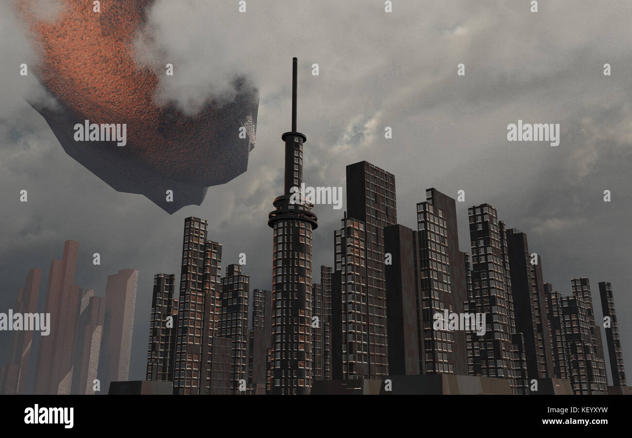 Eine fallende Asteroiden zu Hit & einer futuristischen Stadt zerstören. Stockfoto