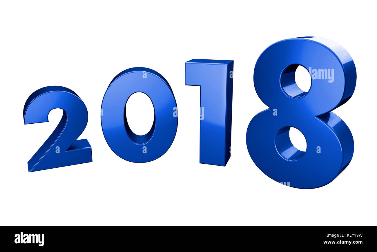 Dreidimensionales Rendering des Jahres 2018 in gekrümmter Form mit Beschneidungspfad in der Datei für Transparenz, in blauer Farbe Stockfoto