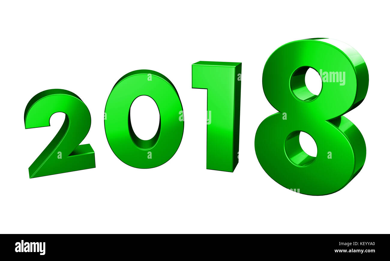 Dreidimensionales Rendering des Jahres 2018 in gekrümmter Form mit Beschneidungspfad in der Datei für Transparenz, in grüner Farbe Stockfoto
